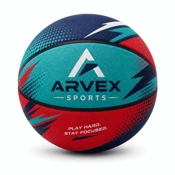 A children's basketball in vibrant shades of blue, red, and teal with a branded logo.