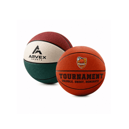 A children's basketball in orange with a logo, alongside a green and red basketball with a brand logo.