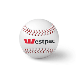 A white baseball with red stitching and a logo on one side.
