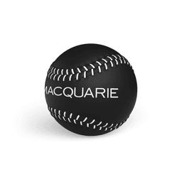 A black baseball with white stitching and a logo on its surface.