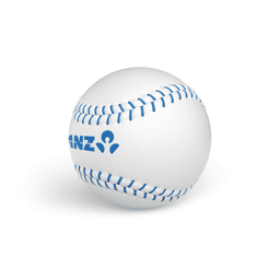 A white baseball with blue stitching and a logo on one side.