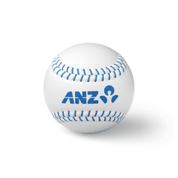 A white baseball with blue stitching and a logo. The ball is positioned against a plain background.