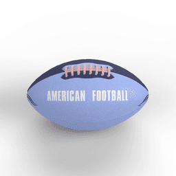A blue American football with a white logo and stitching, featuring a traditional oval shape.