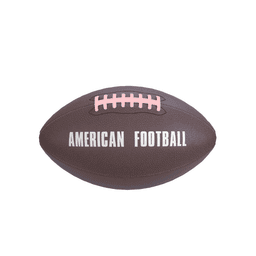 A brown American football featuring white text and a pink lacing detail, with a logo on its surface.