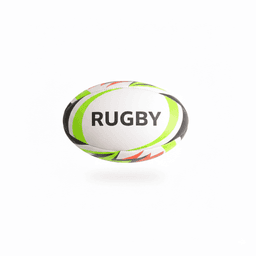 A rugby ball in white, green, and black, featuring a logo and vibrant coloured detailing.