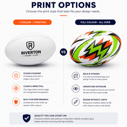 A rugby ball with a dynamic colour design featuring green, orange, and white, alongside a plain white ball with a logo.