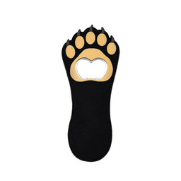 A drink bottle opener shaped like a bear paw, featuring black and tan colours with a metallic opening mechanism.