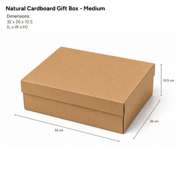 A medium natural cardboard gift box in a brown finish, with dimensions of 32 x 26 x 10.5 cm.