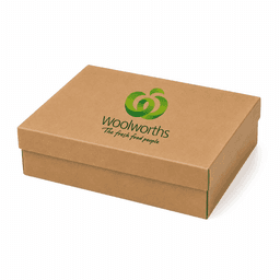 A natural cardboard gift box in a medium size with a logo on the front.