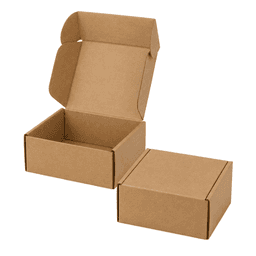 A brown cardboard locking lid die-cut packaging box, displayed open and closed, measuring 13×13×6.5 cm.