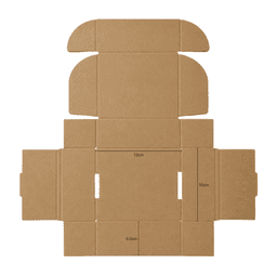 A die-cut packaging box in brown cardboard, measuring 13×13×6.5 cm, with a locking lid design.
