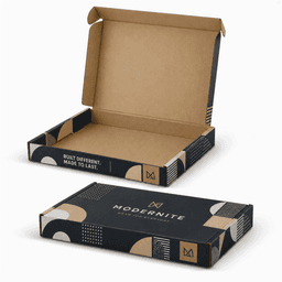 A die-cut packaging box featuring a modern design in black with geometric patterns, open to reveal a kraft interior.