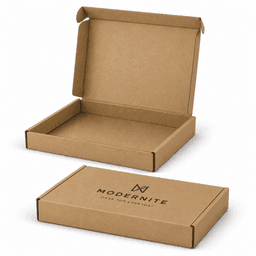 A rectangular, die-cut packaging box in brown cardboard, featuring a logo on the front and an open lid design.