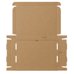 A brown die-cut packaging box with locking lid, measuring 23×16.5×2.2 cm. Features a logo on the surface.