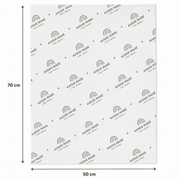 A sheet of kraft paper measuring 70cm x 50cm, featuring a repeated pattern and a logo. Predominantly white with green details.