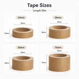 Kraft paper packaging tape in various widths: 24mm, 36mm, 50mm, and 75mm. Each roll is 50 metres long.