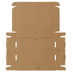 A brown die-cut packaging box with a locking lid, measuring 32×23×3.5 cm, featuring a logo.