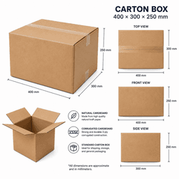A brown cardboard carton box, measuring 40 × 30 × 25 cm, displayed with dimensional views and an open top.