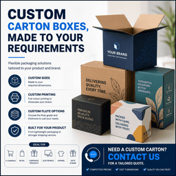 Three medium carton boxes in various colours, including green, brown, and blue, displayed along with a logo.
