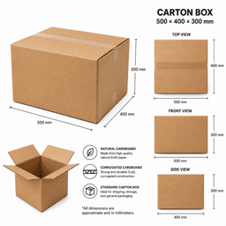 A medium brown cardboard carton box measuring 500 × 400 × 300 mm with a corrugated texture and a logo.