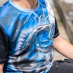 A men's fishing tee featuring a vibrant blue design with a large fish graphic and black sleeves.