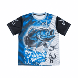 A blue and black polyester fishing tee featuring an illustration of a fish and a graphic design. It has a logo.