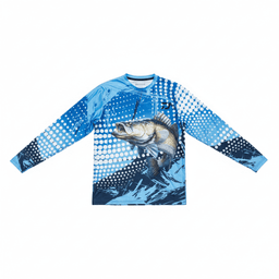 A long sleeve fishing tee in blue featuring a graphic of a fish and a textured design, includes a logo.