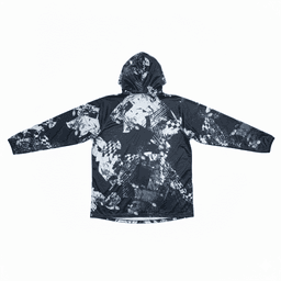 A black and white patterned men's polyester sublimated 1/4 zip fishing hoodie with a hood and long sleeves.