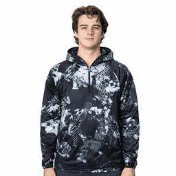 A men's 1/4 zip fishing hoodie in black with a grey abstract pattern, featuring a hood and a logo.