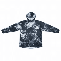 A men's polyester 1/4 zip fishing hoodie featuring a dark, abstract pattern in shades of grey and black.