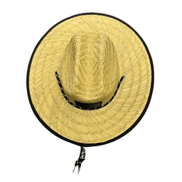 A straw hat with a wide brim, featuring a black trim and a decorative band.