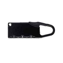 A black travel padlock with a carabiner clip and combination dials for setting a code.