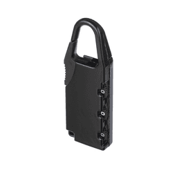 A travel padlock in black with a sleek design and a sturdy hook for secure fastening.