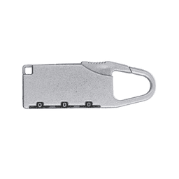 A silver travel padlock with a sleek design and a combination dial for security features. It includes a carabiner clip.