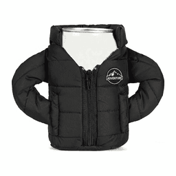 A black puffer jacket-styled stubby holder with arms, featuring a logo, designed for drink cans.