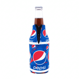 A drink bottle in a blue cooler with a zipper, featuring a repeating Pepsi logo design.