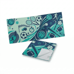 A sports-themed towel featuring a mix of blue and teal colours with various sporting icons and a logo. Measuring 85 x 40 cm.