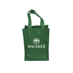A drink bottle bag in green, featuring a logo, designed to hold two bottles securely.