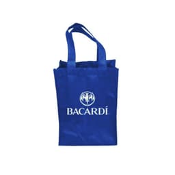 A drink bottle bag in blue featuring two compartments and a logo printed on the front.