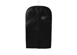 A black non-woven garment bag with a hook and a front zipper, featuring a small clear pocket.