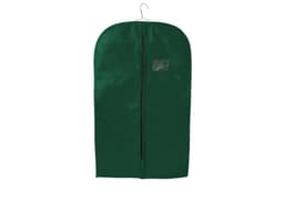 A green non-woven garment bag featuring a zip closure and a top hanger. It has a transparent pocket for identification.