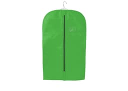 A vibrant green non-woven garment bag with a hanger and a front zipper, featuring a small transparent pocket.