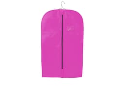 A pink non-woven garment bag with a hook at the top and a central zipper. It features a logo or branding on the surface.