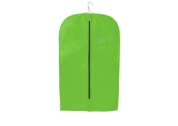 A vibrant green non-woven garment bag with a hook for hanging and a central zipper. It features a logo.