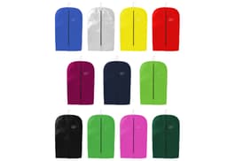 A collection of non-woven garment bags in blue, grey, yellow, red, purple, green, black, and pink, each with a hook and zipper.