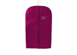 A magenta non-woven garment bag featuring a zippered opening and a hanger at the top. It includes a logo.