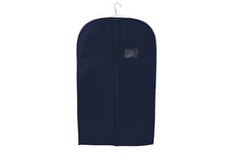 A navy non-woven garment bag with a hanger and a transparent pocket for identification.