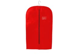 A red non-woven garment bag with a zipper and a clear identification pocket at the front.
