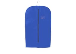 A blue non-woven garment bag with a hook for hanging, featuring a zip closure and an attached logo.