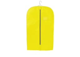 A bright yellow non-woven garment bag with a hanger and a zippered closure, featuring a small transparent pocket.